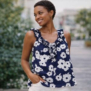 Kate Spade Blue and White Floral Ruffle Top